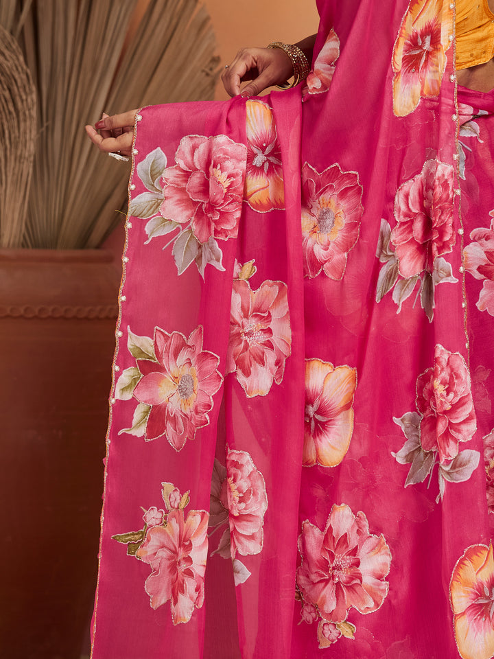 Gulzari Bloom Pink Georgette Saree
