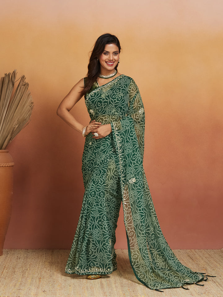 Aarvi Green Geometric Bandhej Saree