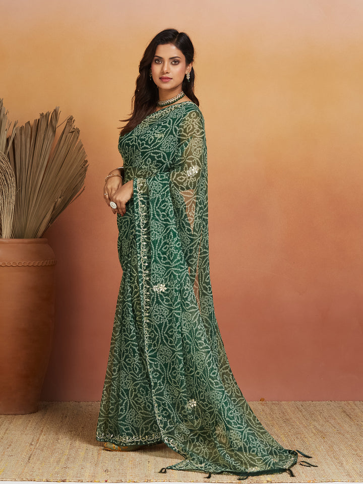 Aarvi Green Geometric Bandhej Saree