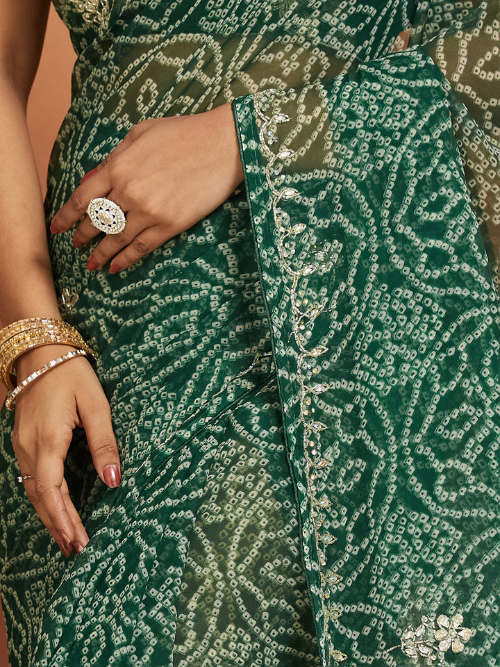 Aarvi Green Geometric Bandhej Saree