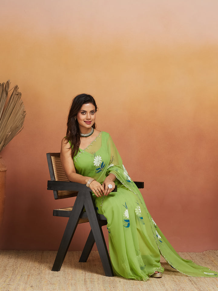 Zehra Light Green Floral Embroidered Saree