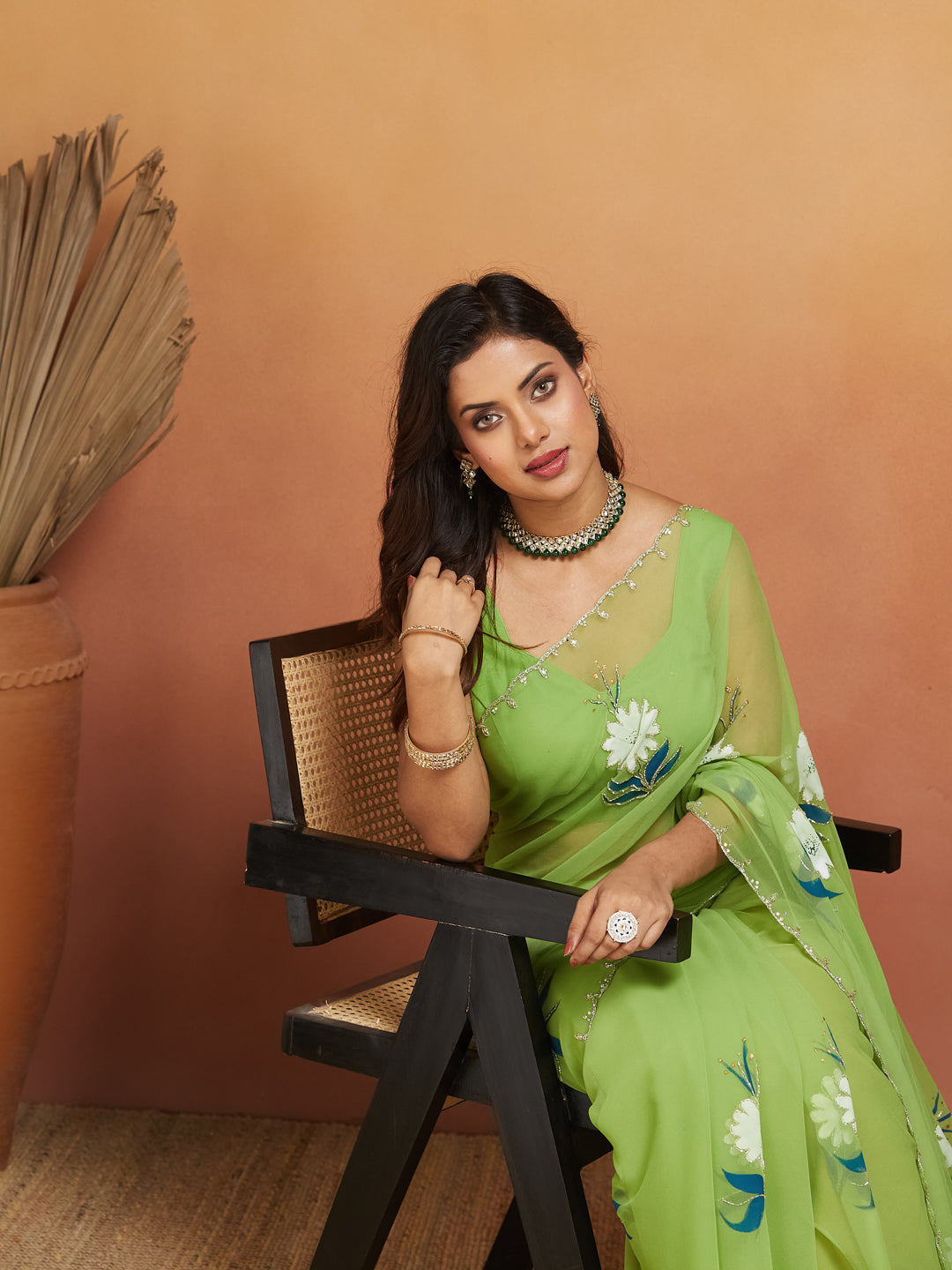 Zehra Light Green Floral Embroidered Saree