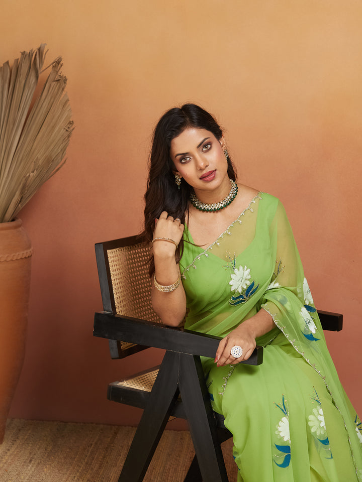 Zehra Light Green Floral Embroidered Saree