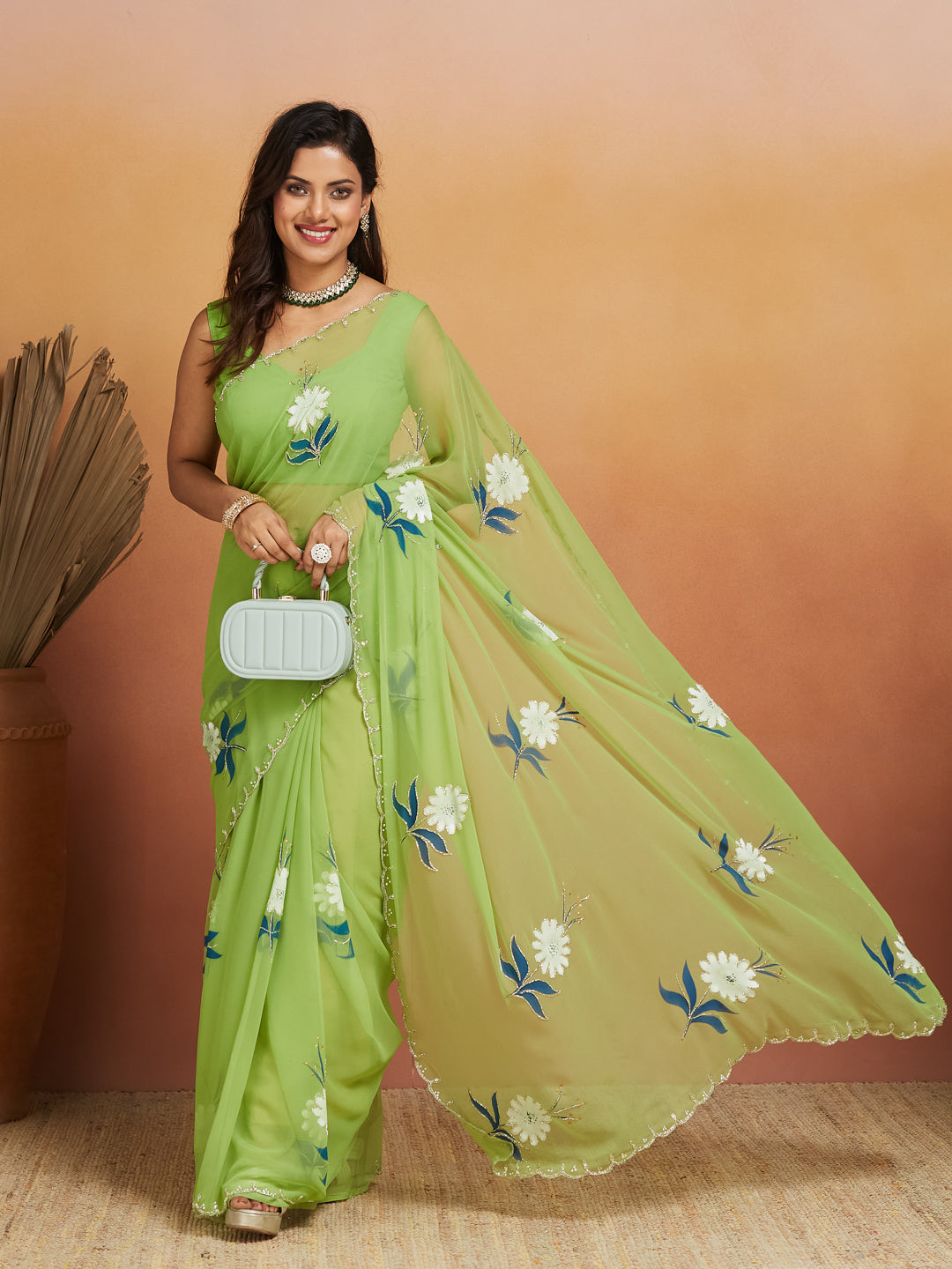 Zehra Light Green Floral Embroidered Saree