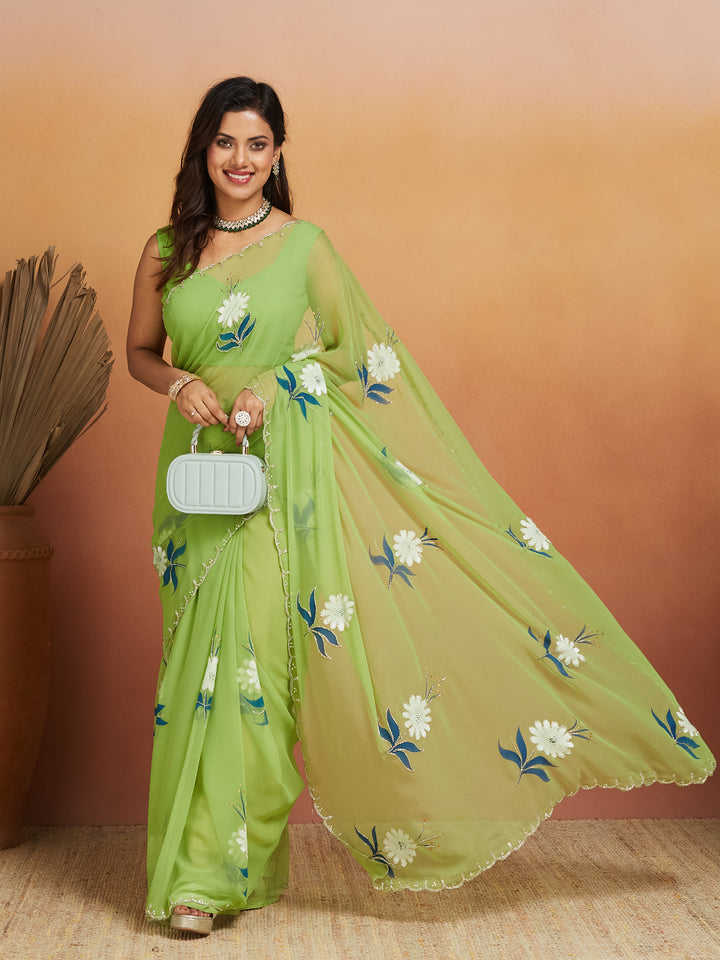 Zehra Light Green Floral Embroidered Saree