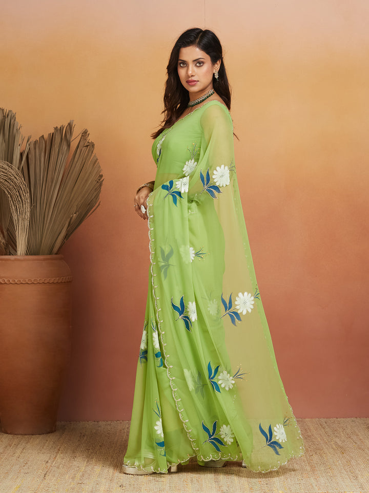Zehra Light Green Floral Embroidered Saree