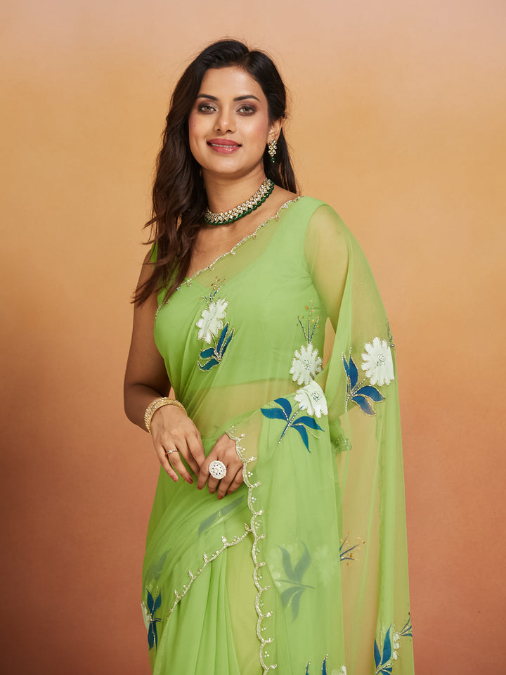 Zehra Light Green Floral Embroidered Saree