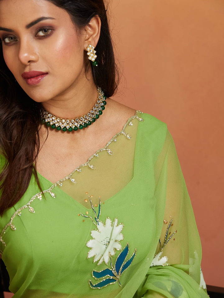 Zehra Light Green Floral Embroidered Saree