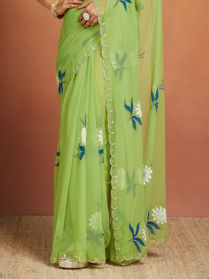 Zehra Light Green Floral Embroidered Saree