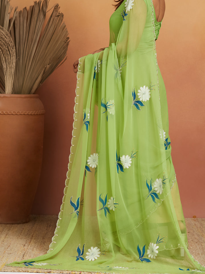 Zehra Light Green Floral Embroidered Saree