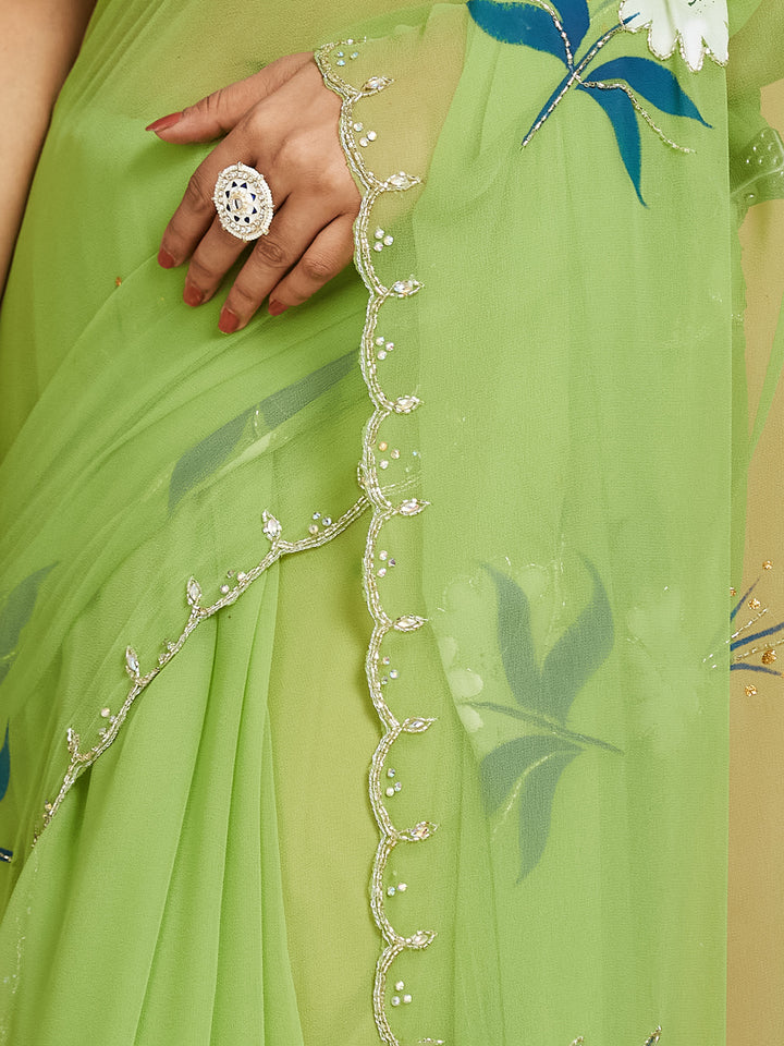 Zehra Light Green Floral Embroidered Saree