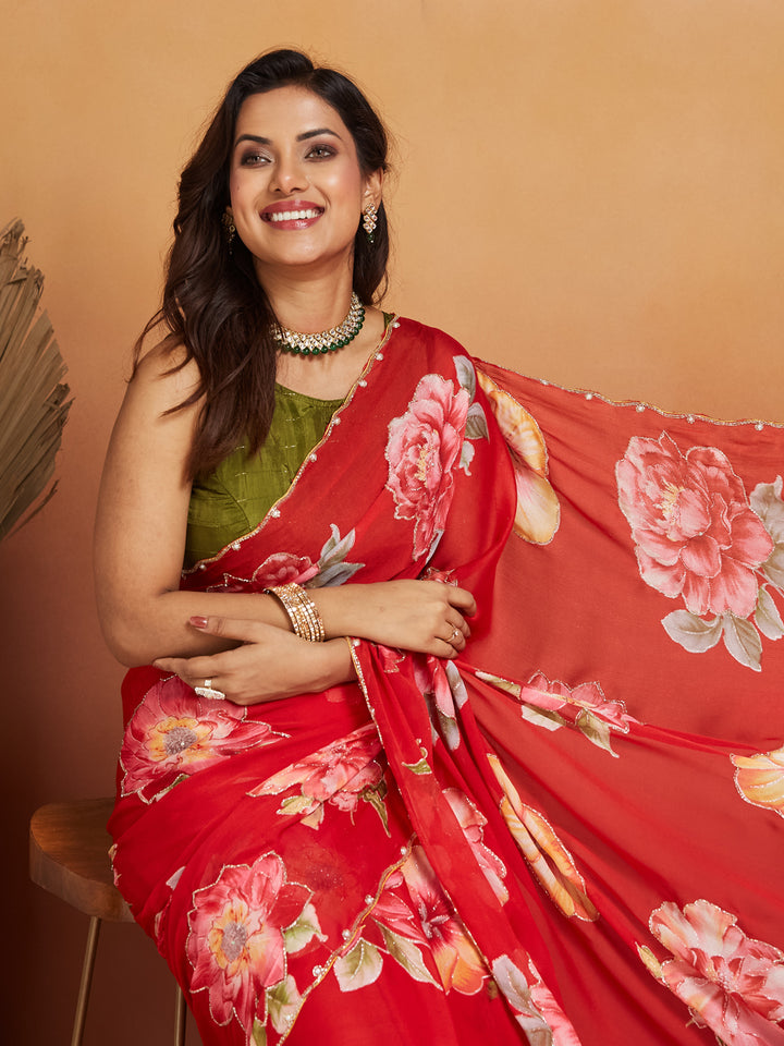 Gulnar Crimson Red Floral Georgette Saree