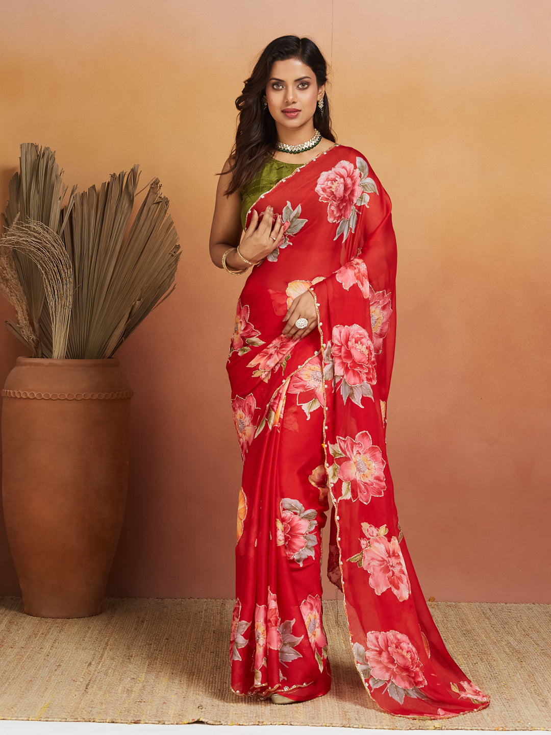 Gulnar Crimson Red Floral Georgette Saree
