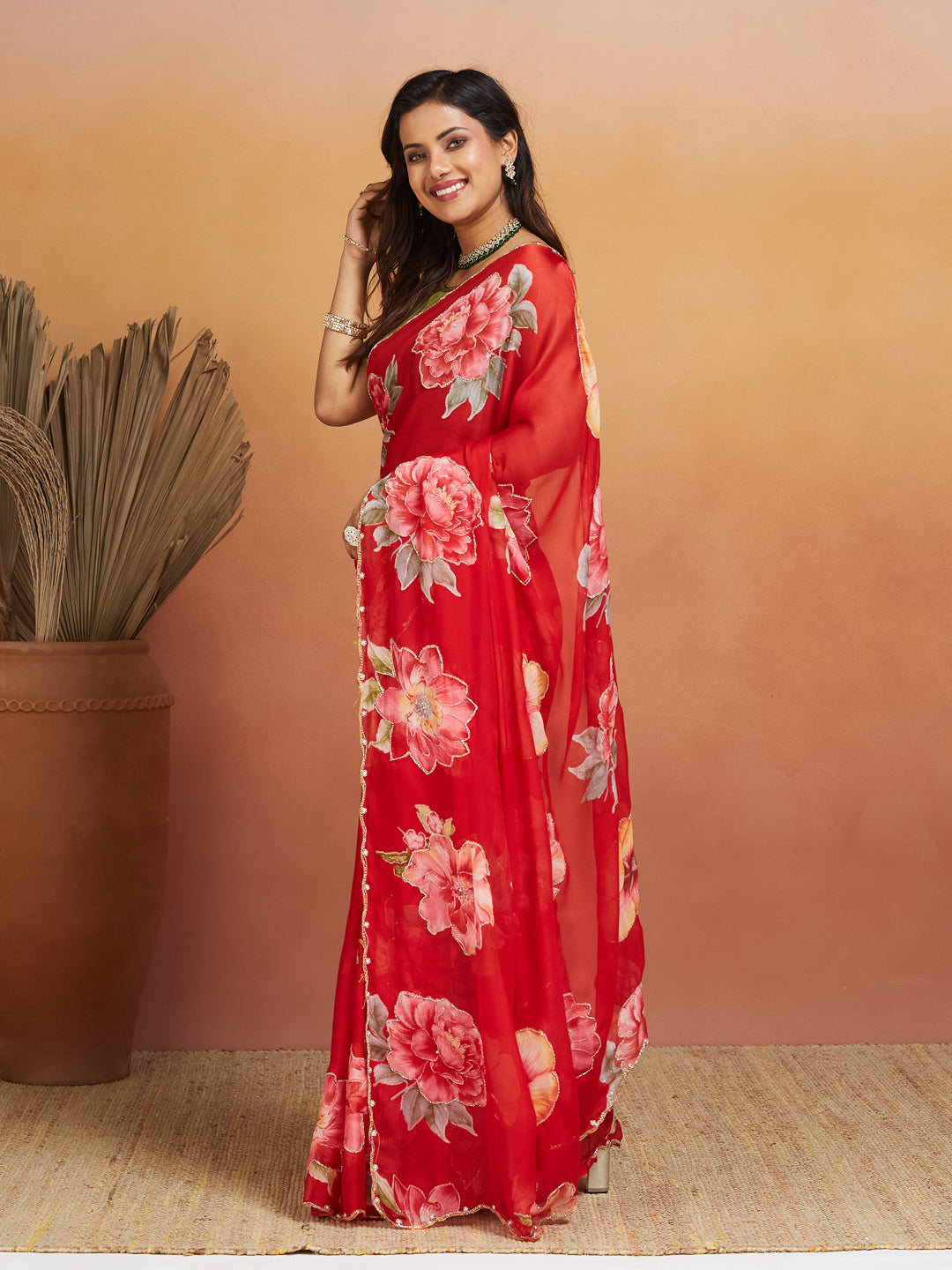 Gulnar Crimson Red Floral Georgette Saree
