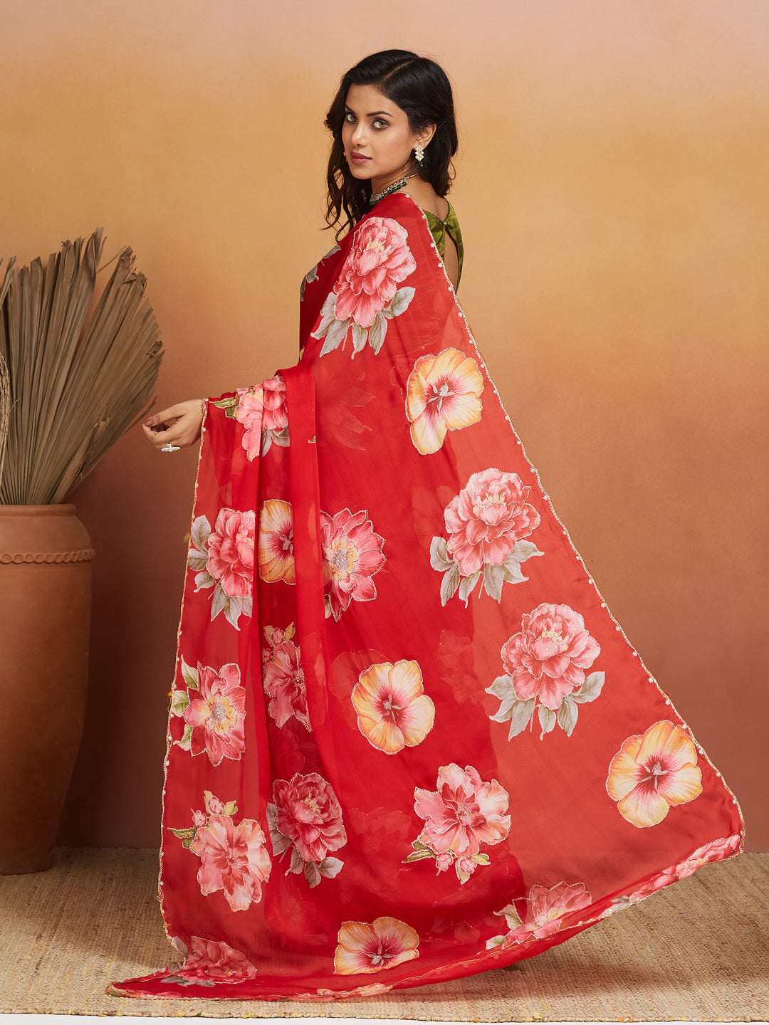 Gulnar Crimson Red Floral Georgette Saree