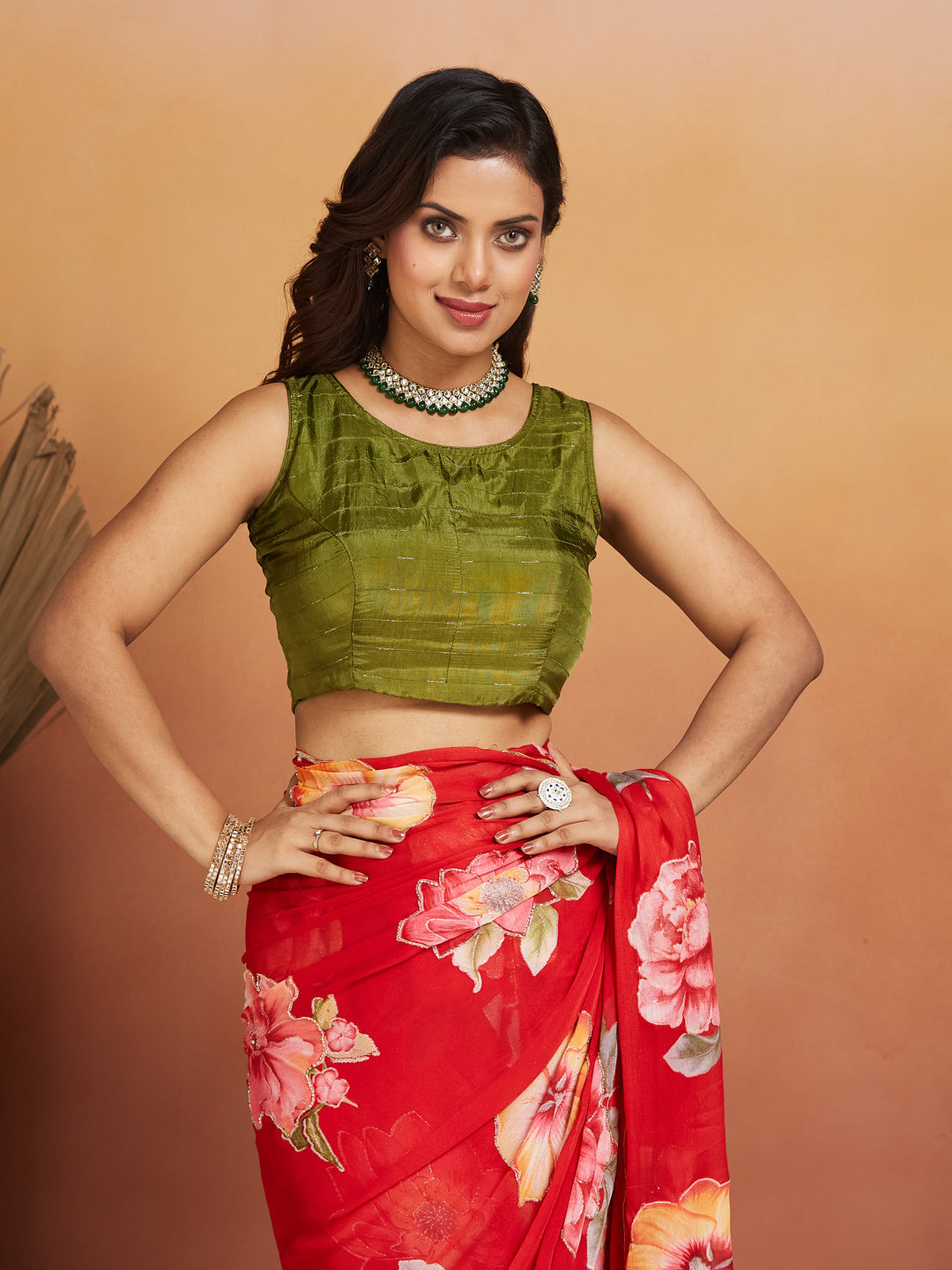 Gulnar Crimson Red Floral Georgette Saree