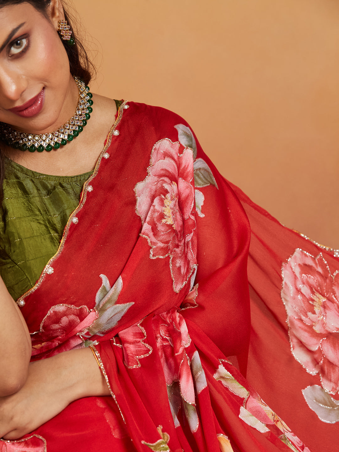 Gulnar Crimson Red Floral Georgette Saree