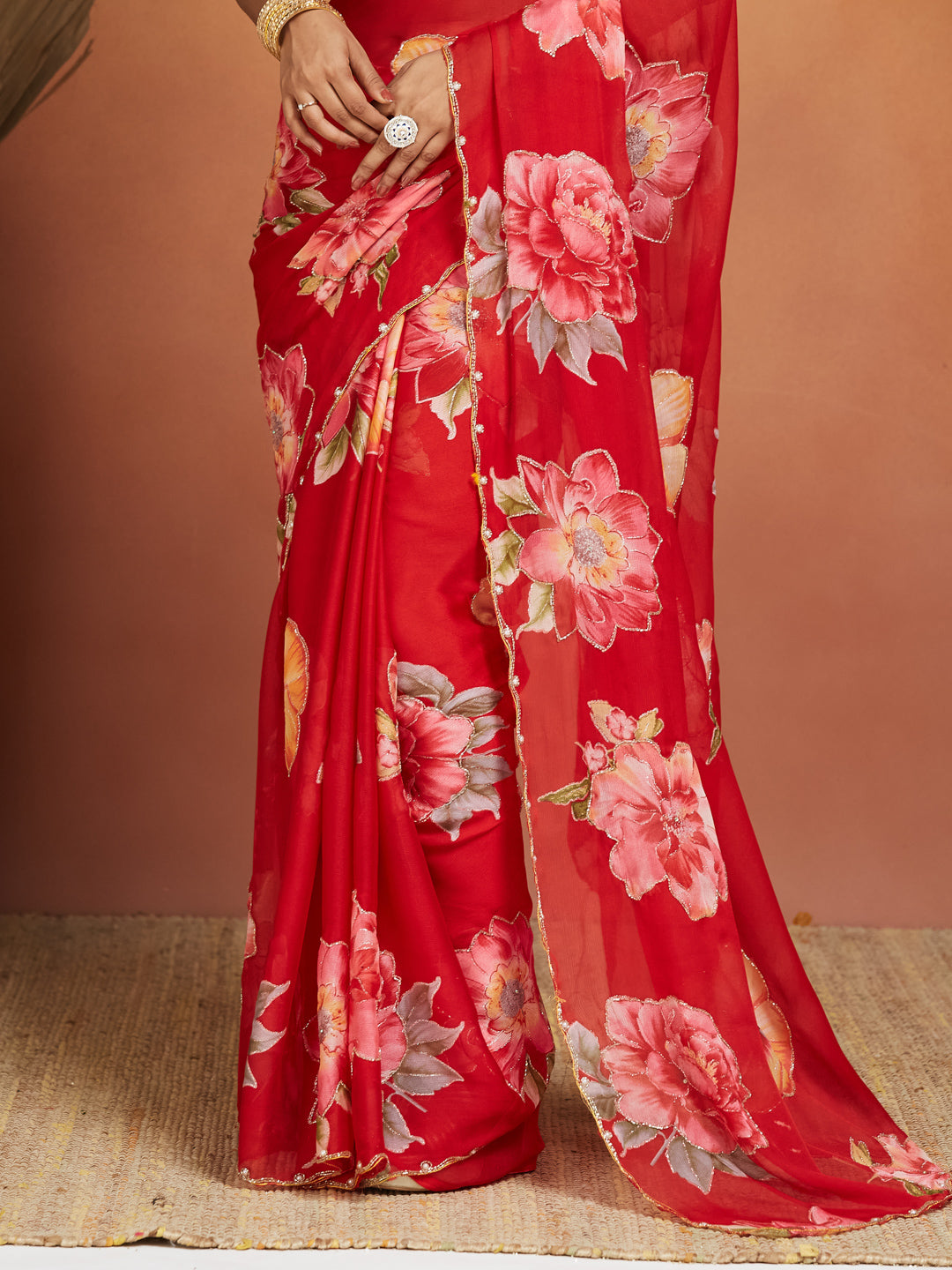 Gulnar Crimson Red Floral Georgette Saree
