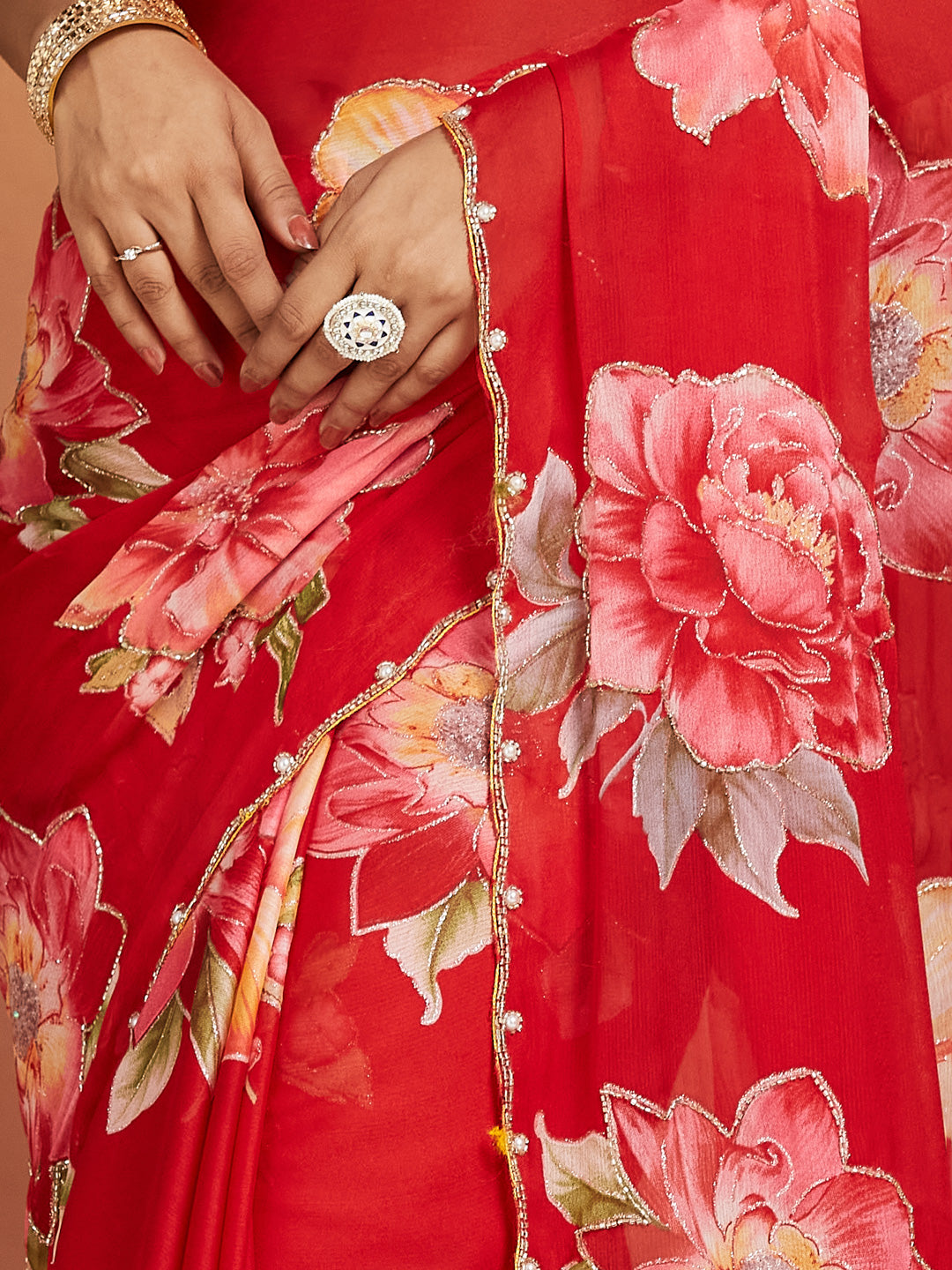 Gulnar Crimson Red Floral Georgette Saree