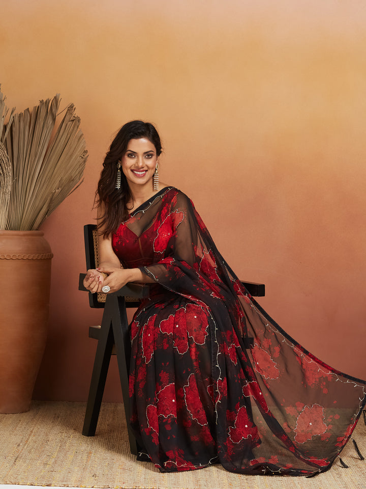 Noor Noir Scarlet Bloom Georgette Saree