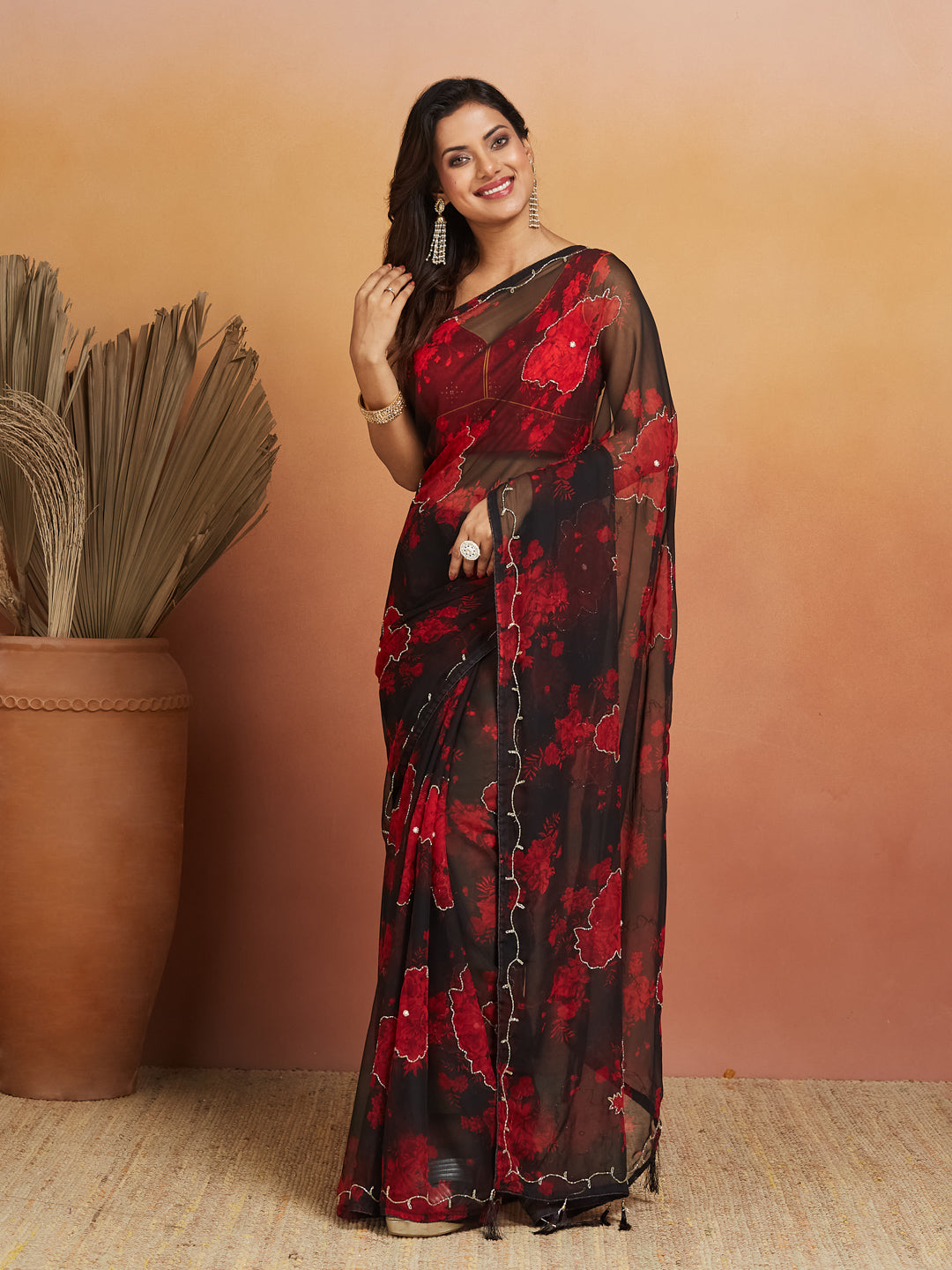 Noor Noir Scarlet Bloom Georgette Saree