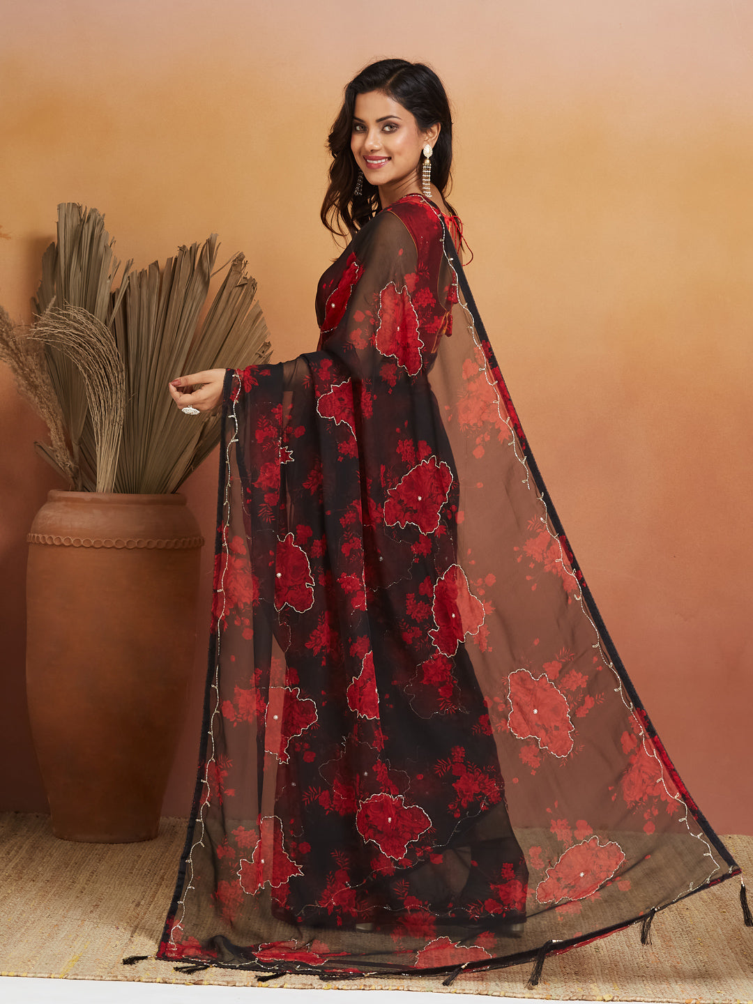Noor Noir Scarlet Bloom Georgette Saree