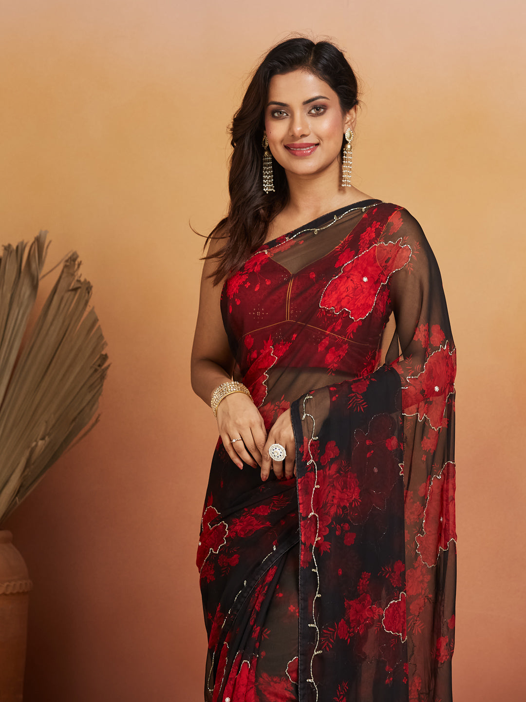 Noor Noir Scarlet Bloom Georgette Saree