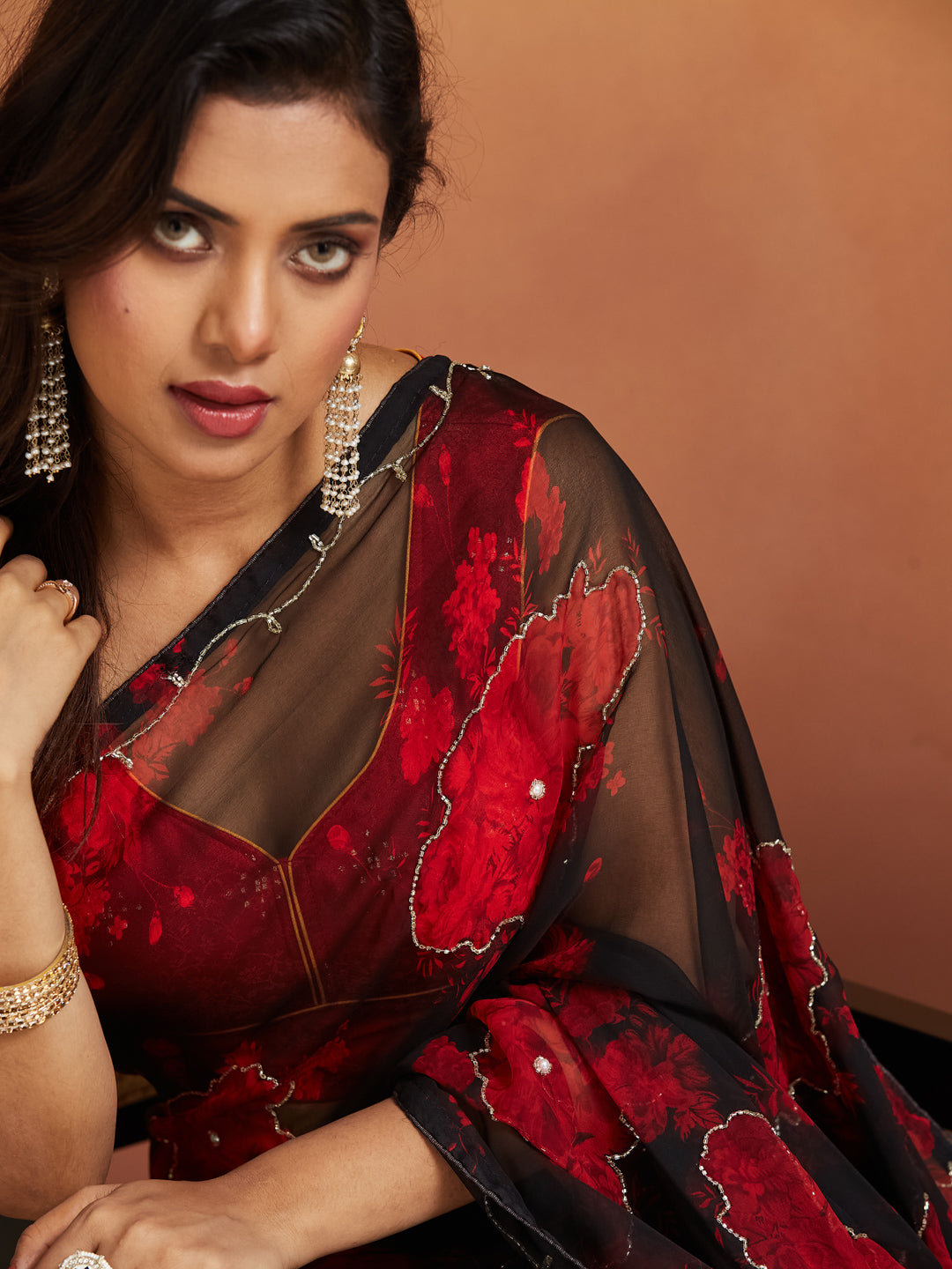 Noor Noir Scarlet Bloom Georgette Saree