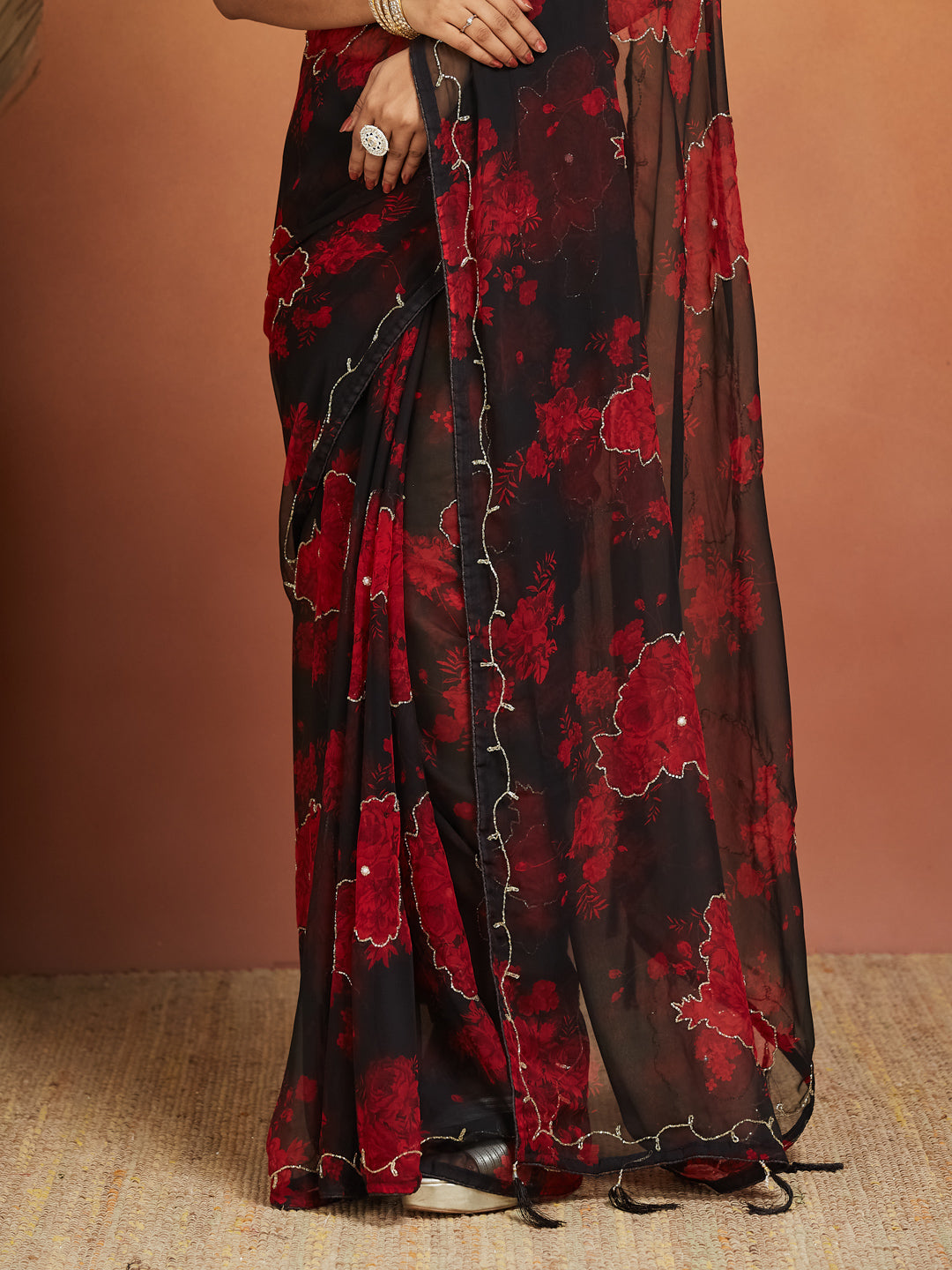Noor Noir Scarlet Bloom Georgette Saree