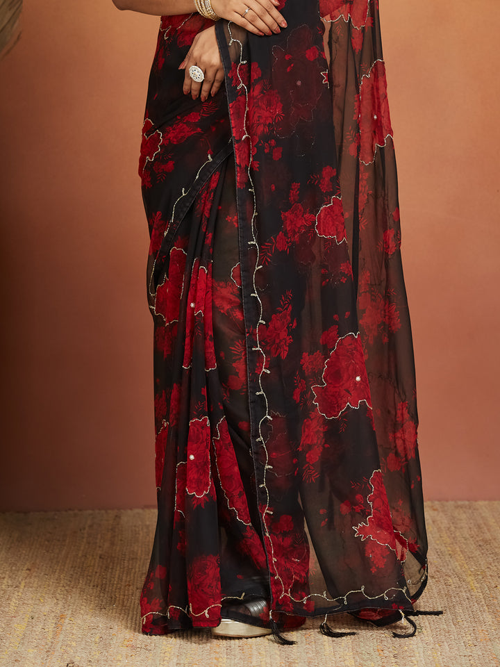 Noor Noir Scarlet Bloom Georgette Saree
