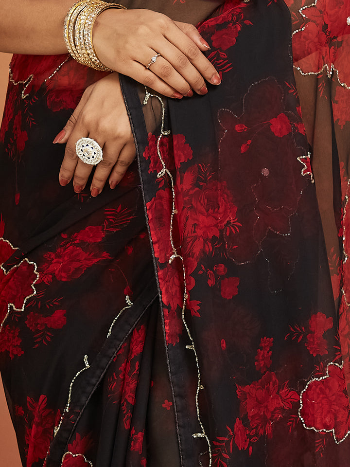 Noor Noir Scarlet Bloom Georgette Saree
