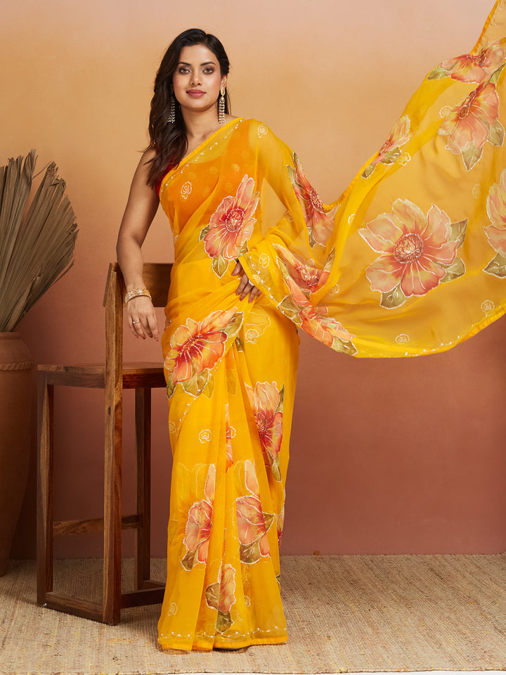 Sunbloom Marigold Floral Georgette Saree