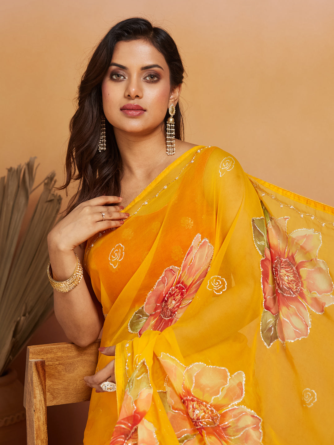Sunbloom Marigold Floral Georgette Saree