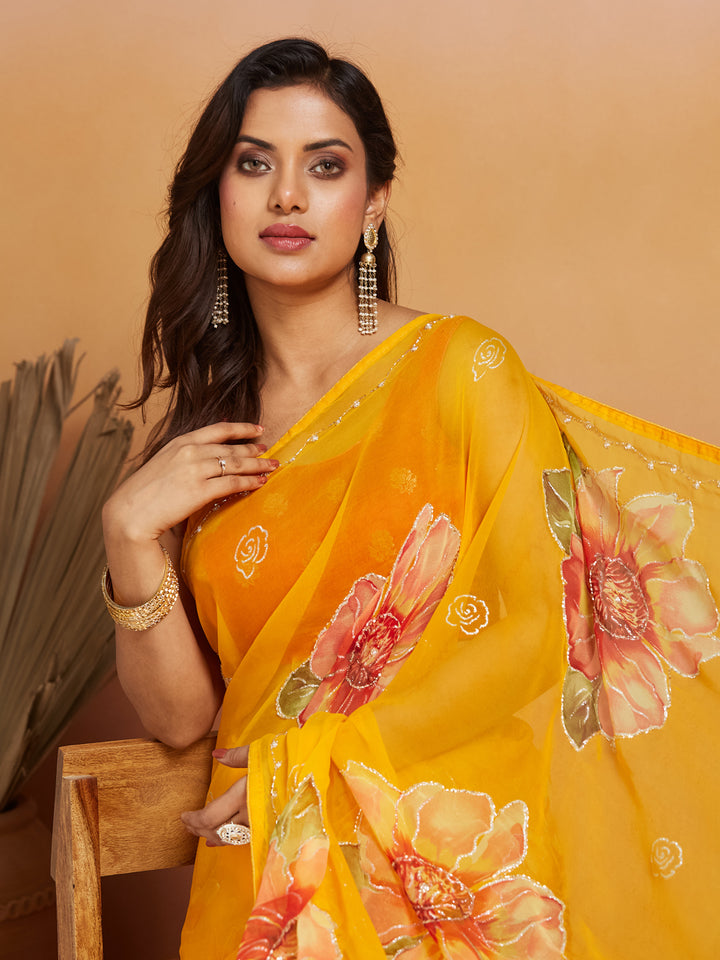 Sunbloom Marigold Floral Georgette Saree