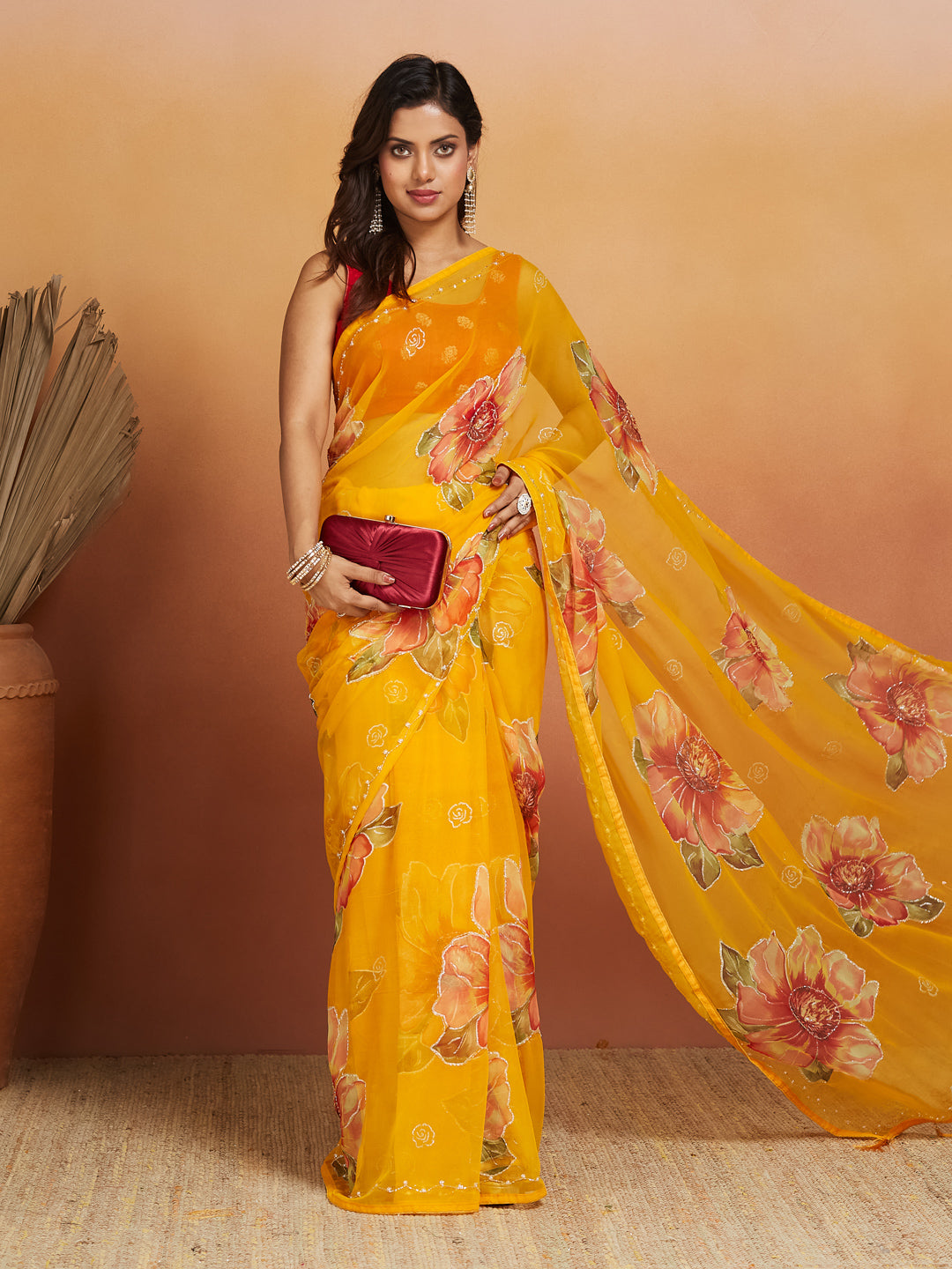 Sunbloom Marigold Floral Georgette Saree