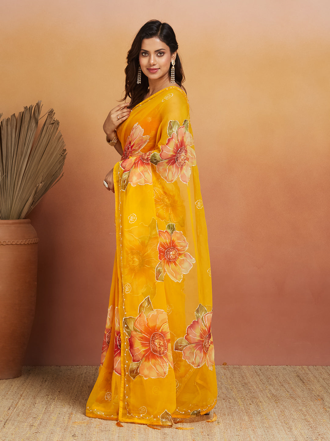 Sunbloom Marigold Floral Georgette Saree