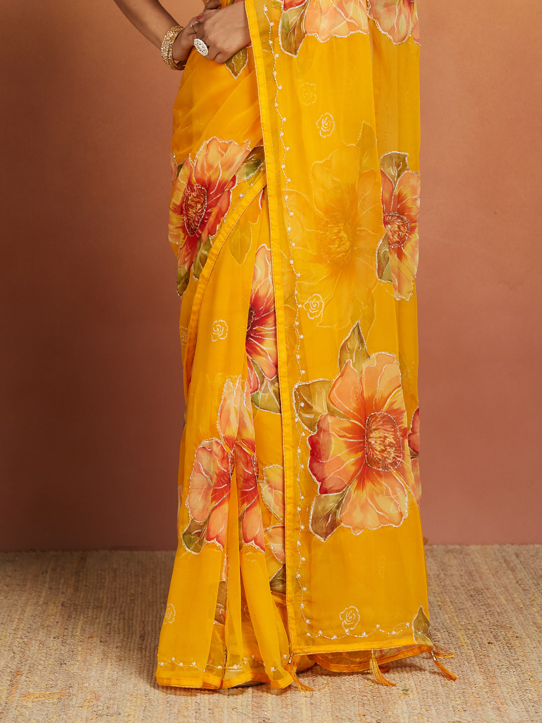 Sunbloom Marigold Floral Georgette Saree