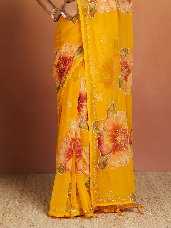 Sunbloom Marigold Floral Georgette Saree
