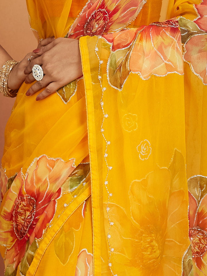 Sunbloom Marigold Floral Georgette Saree