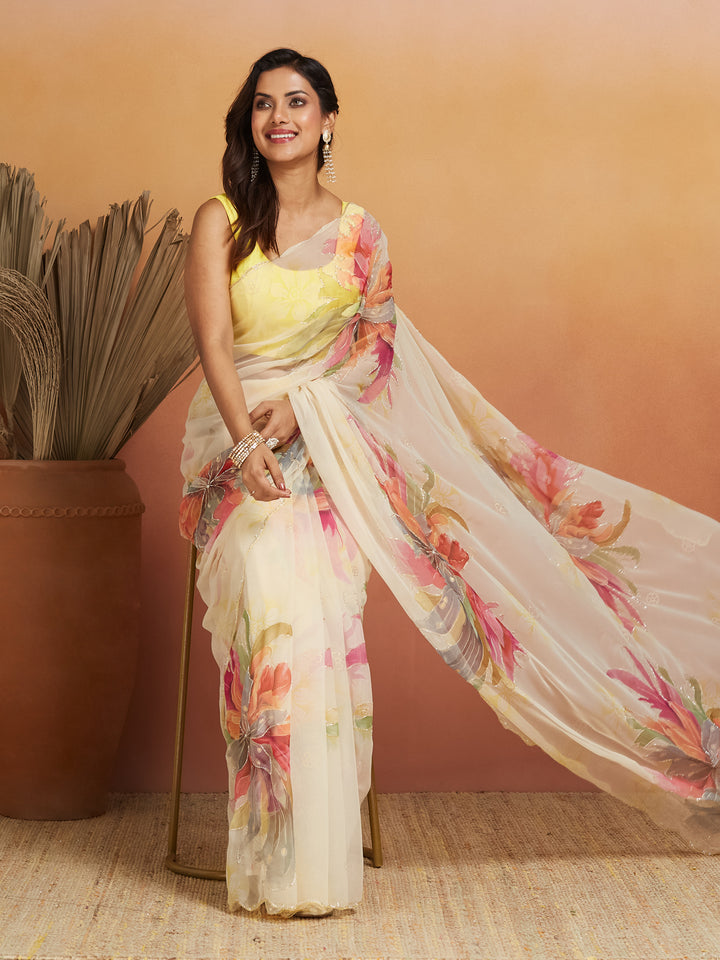 Ivory Blossom Mist Georgette Saree