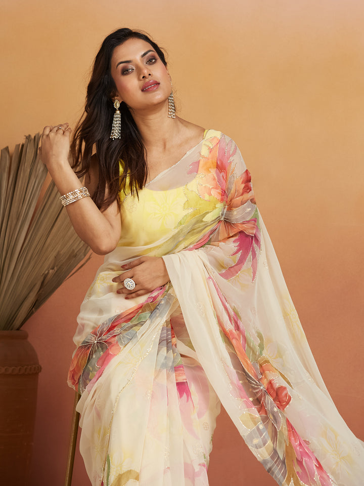 Ivory Blossom Mist Georgette Saree