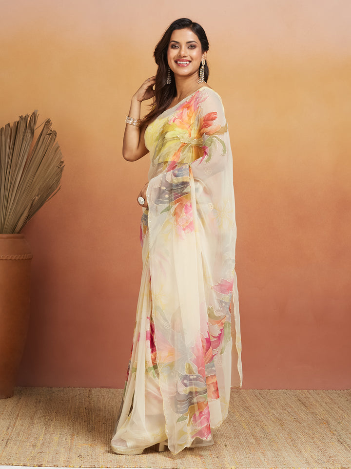 Ivory Blossom Mist Georgette Saree