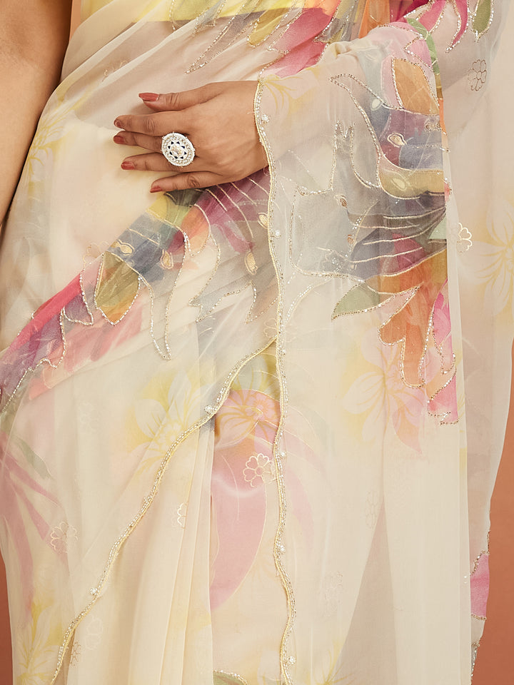 Ivory Blossom Mist Georgette Saree