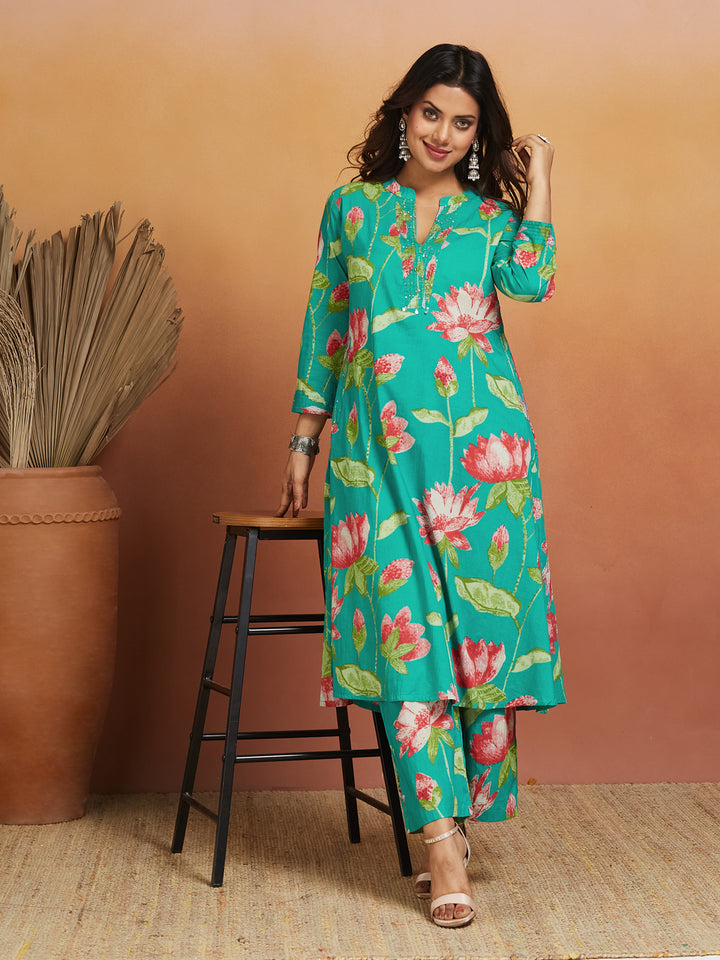Lotus Reverie Co-ord Set – Teal Floral Harmony