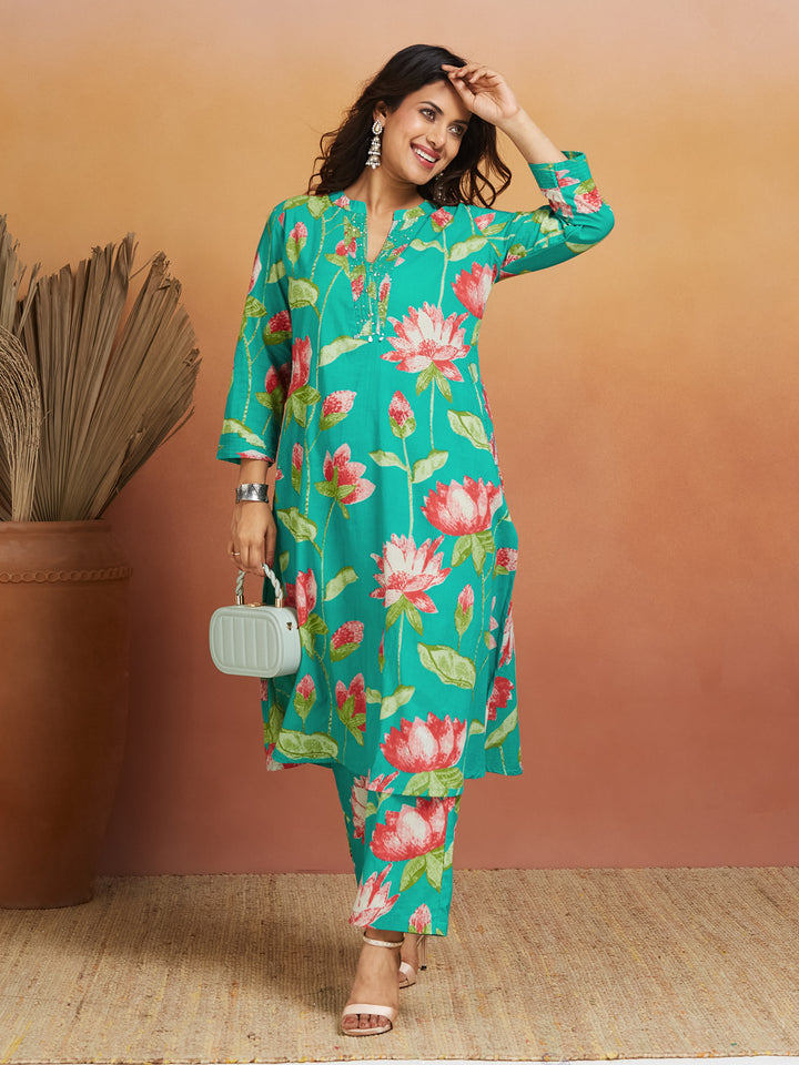 Lotus Reverie Co-ord Set – Teal Floral Harmony