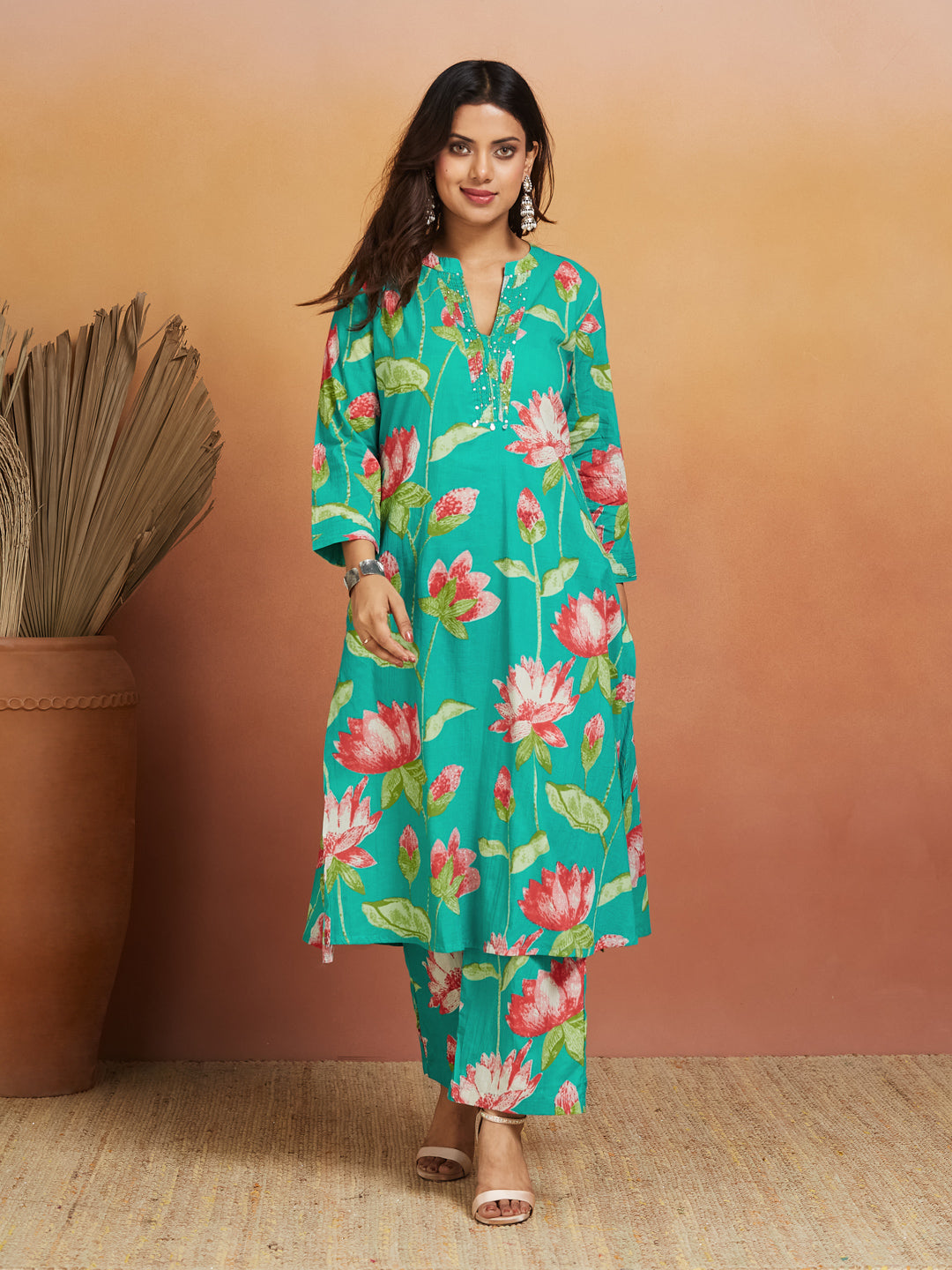 Lotus Reverie Co-ord Set – Teal Floral Harmony