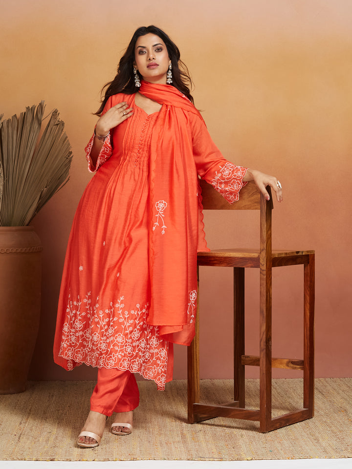 Coral Bloom Embroidered Kurta Set – Subtle Sophistication