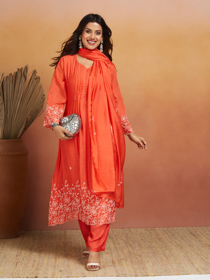 Coral Bloom Embroidered Kurta Set – Subtle Sophistication