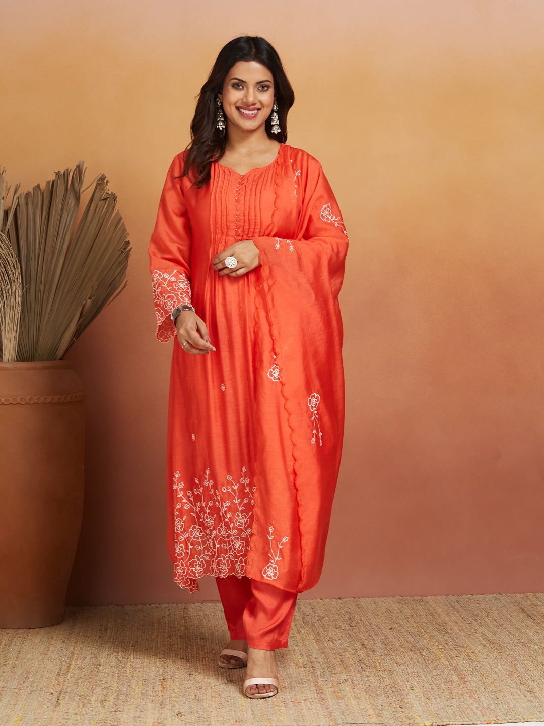 Coral Bloom Embroidered Kurta Set – Subtle Sophistication