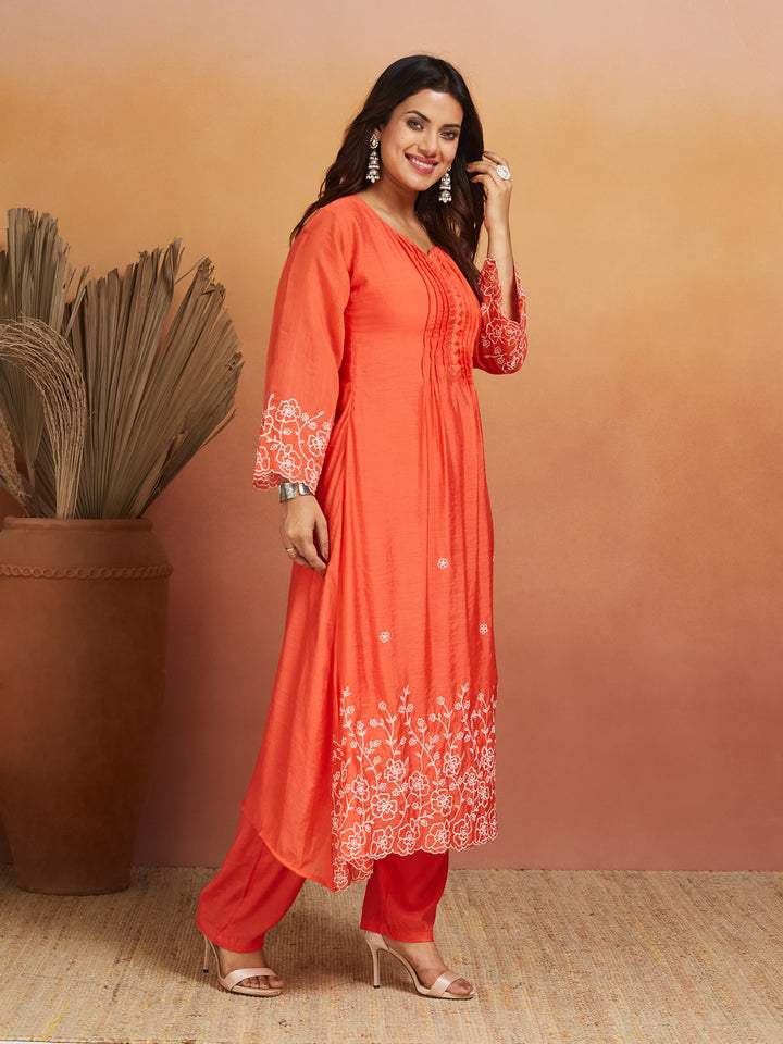 Coral Bloom Embroidered Kurta Set – Subtle Sophistication